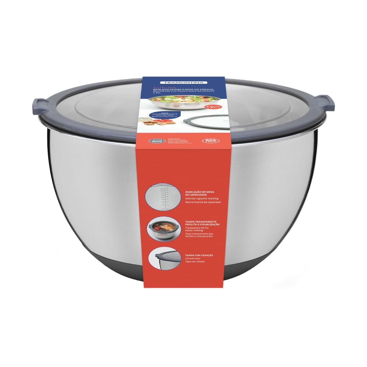 Bowl Tramontina Cucina em Aço Inox com Tampa Plástica 25 cm 5 Litros