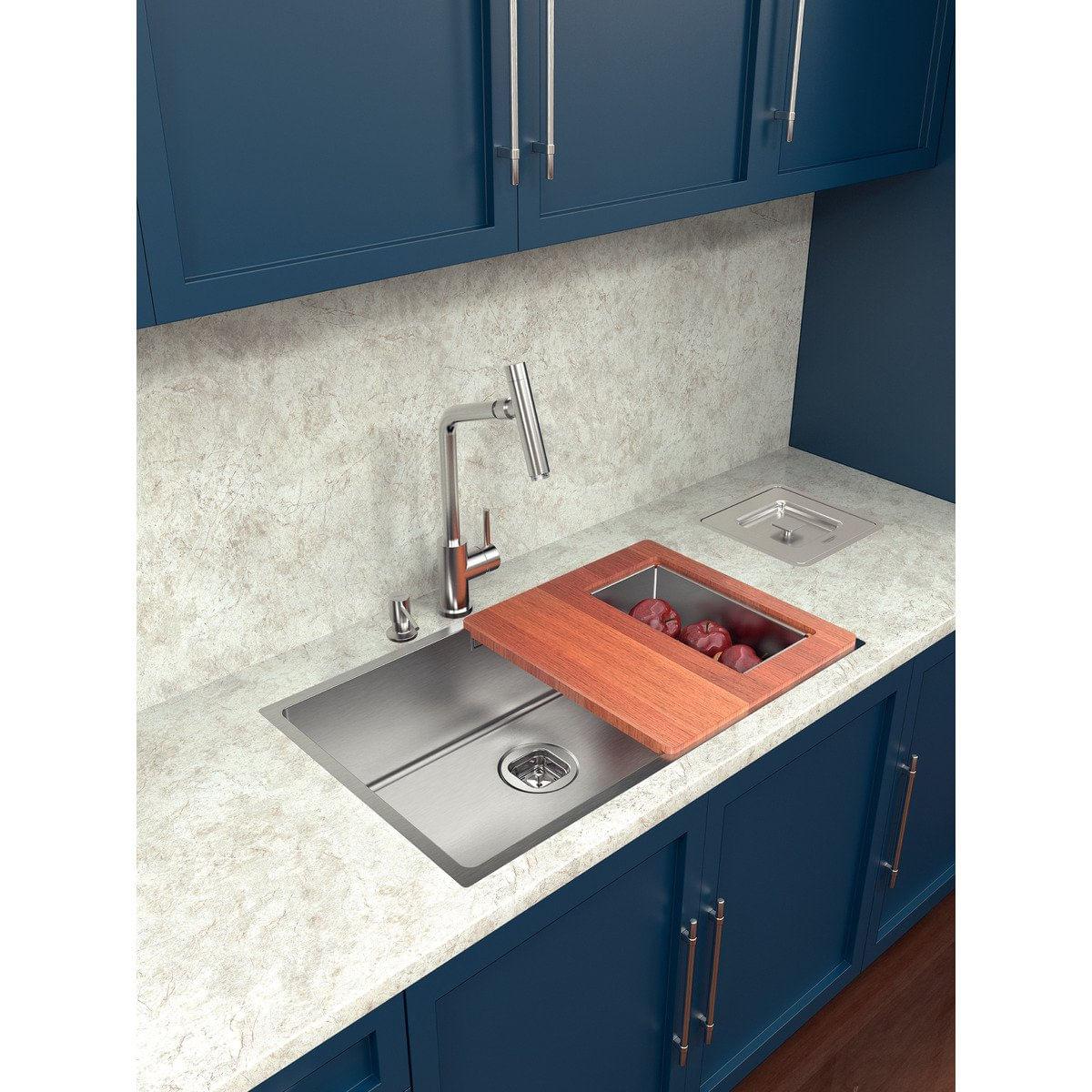 Kit para Cubas Quadrum Tramontina com Tábua em Madeira 42 x 40 cm e Cesto Coador em Aço Inox Scotch Brite