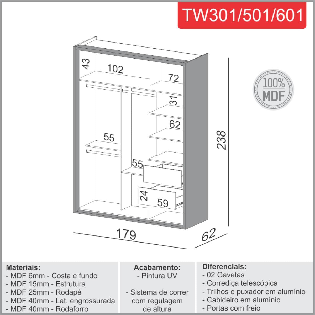 Guarda-Roupa Solteiro 2 Portas de Correr 2 Gavetas  179 cm Freijó TW601 JJ Dalla Costa