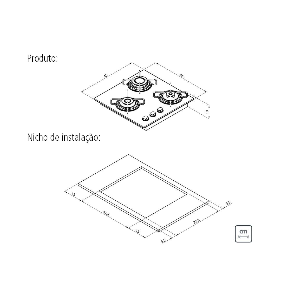Cooktop a Gás Tramontina 3 Queimadores Brasil em Vidro Temperado Preto