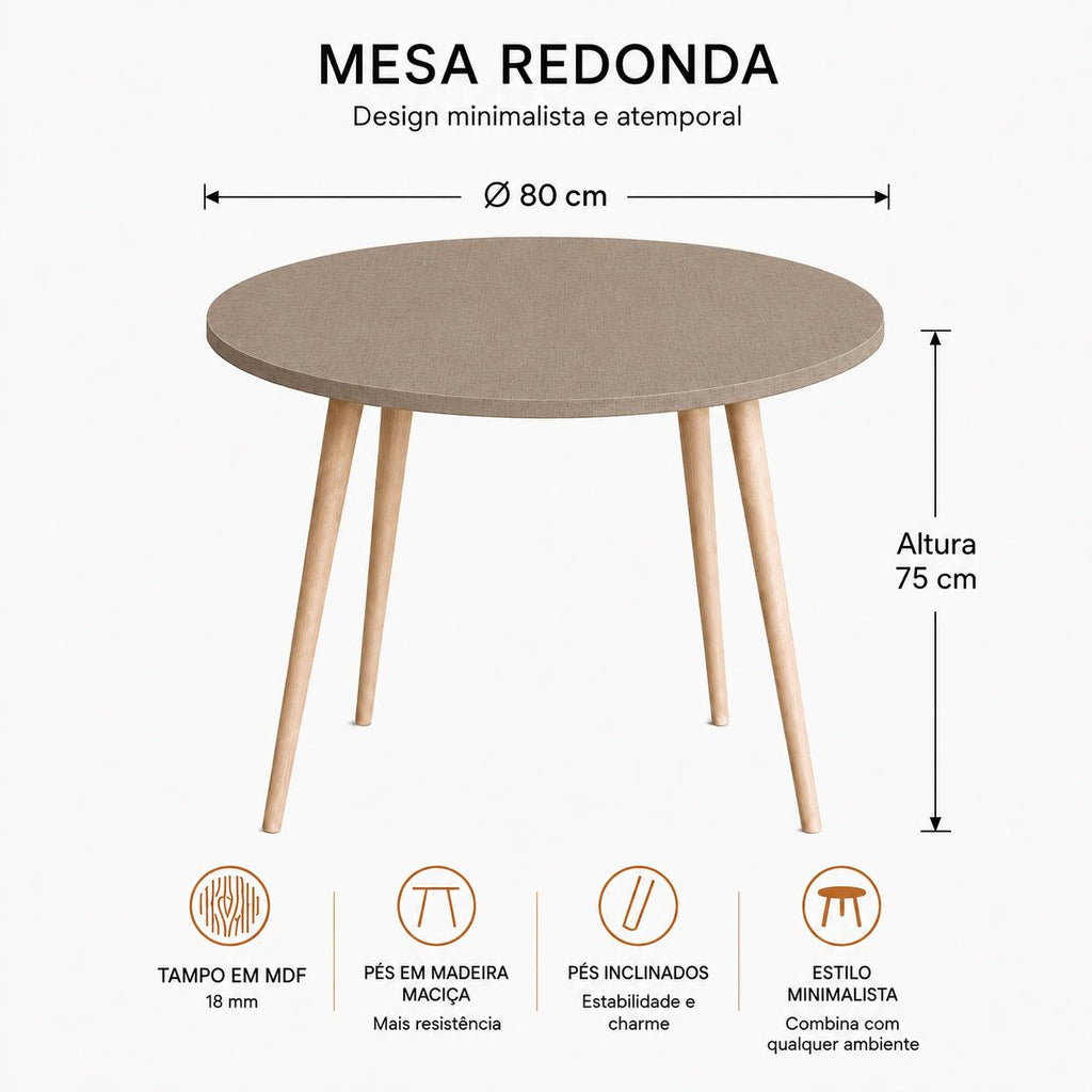 Mesa Jantar Sofia Redonda 80cm Linum 18mm Pés de Madeira Natural Marin