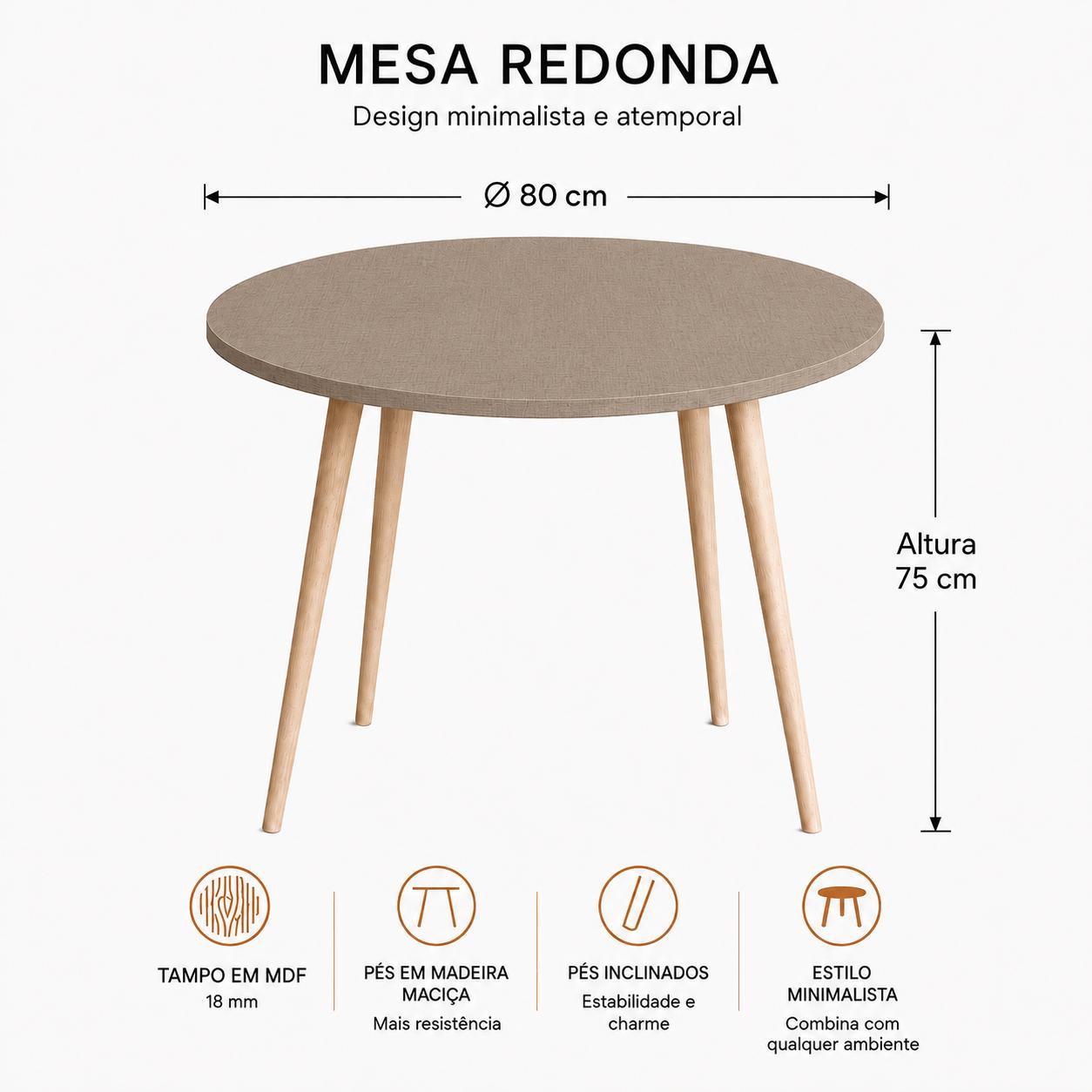 Mesa Jantar Sofia Redonda 80cm Linum 18mm Pés de Madeira Natural Marin