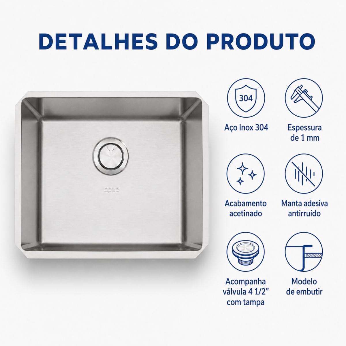 Cuba de Embutir Tramontina Quadrum 50U Inox Acetinado 50x40cm Outlet