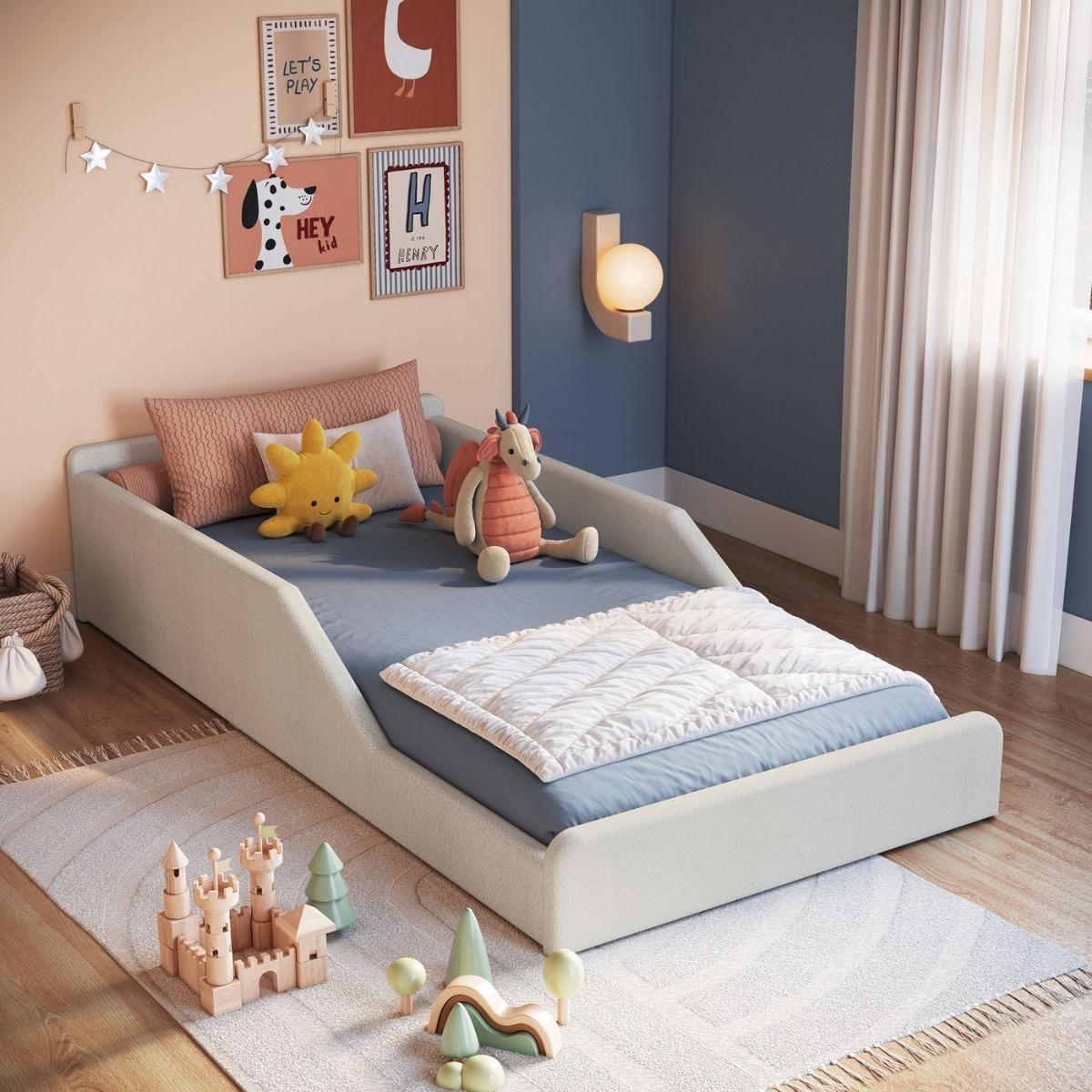 Cama Infantil Sentir Solteiro Estofada Bege Completa Móveis