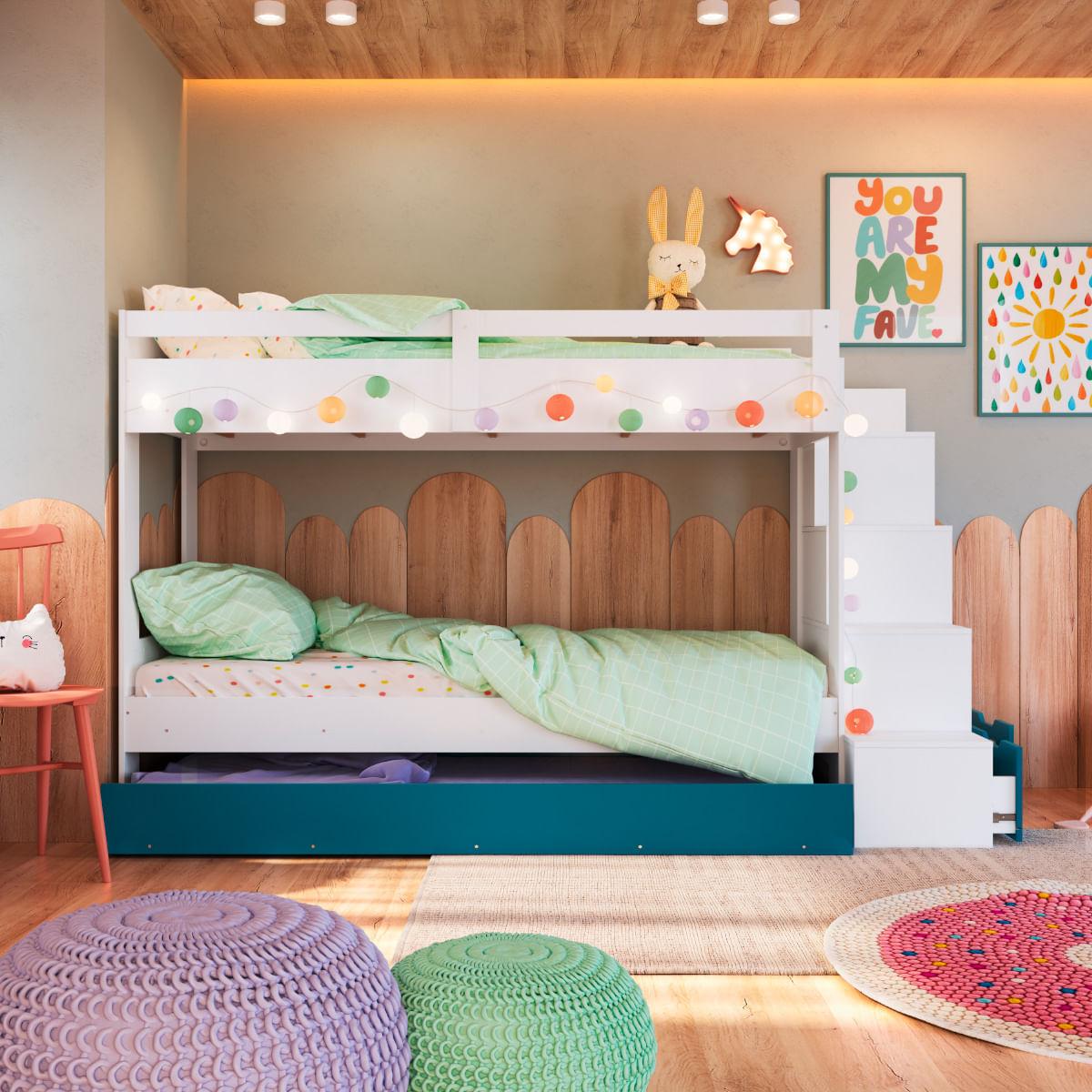 Treliche Infantil Branco e Azul Escada Lateral Nichos Gavetas e Cama Auxiliar Completa Móveis