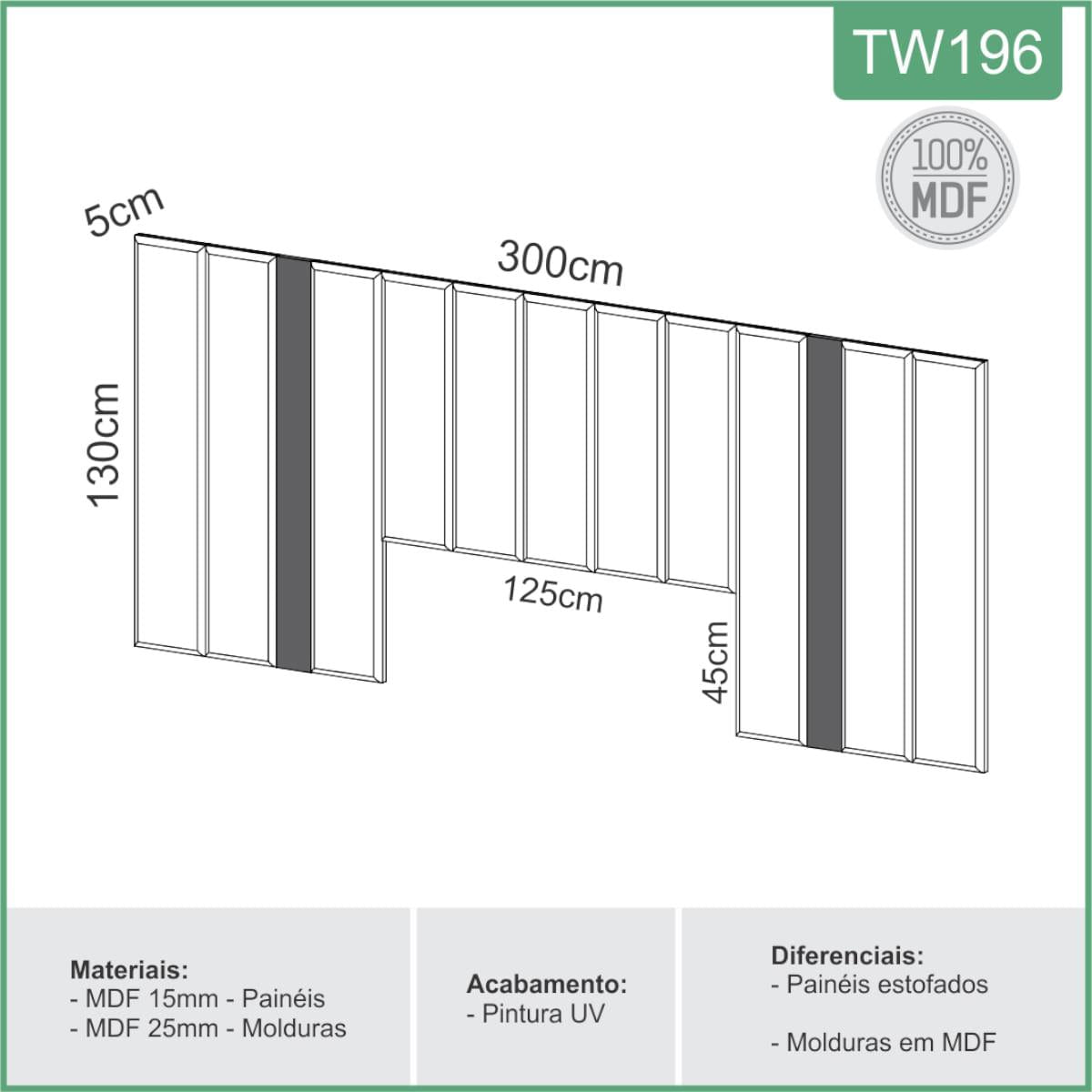 Cabeceira Estofada para Cama de Casal 300 cm Freijó/Linho Cinza Claro TW196 Dalla Costa
