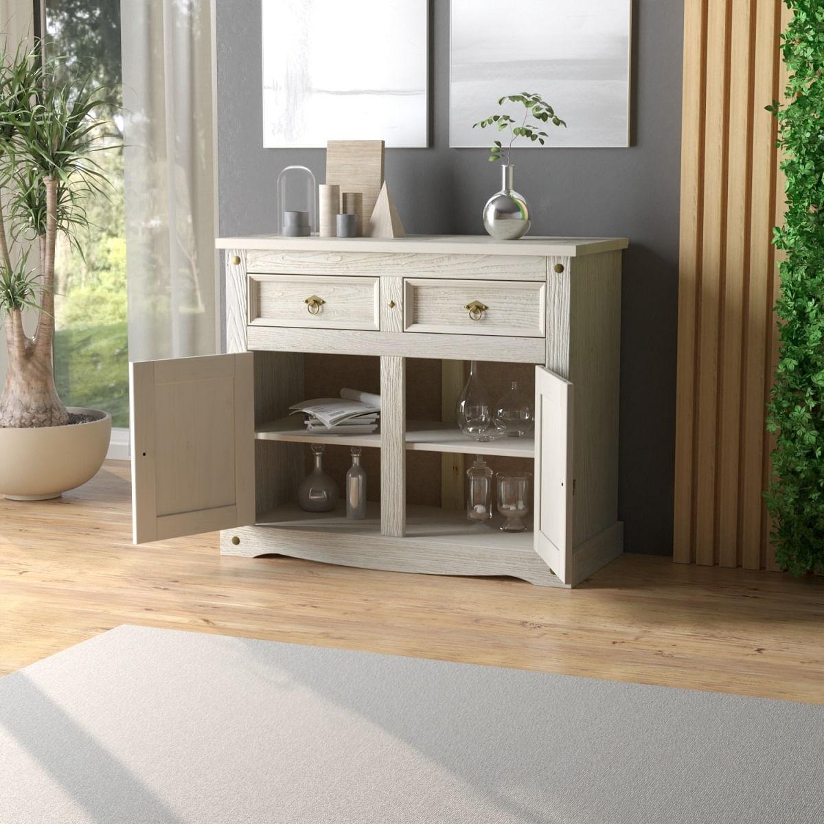 Aparador Buffet em Madeira 2 Portas 2 Gavetas 104 cm Patina Branca Elliottiis