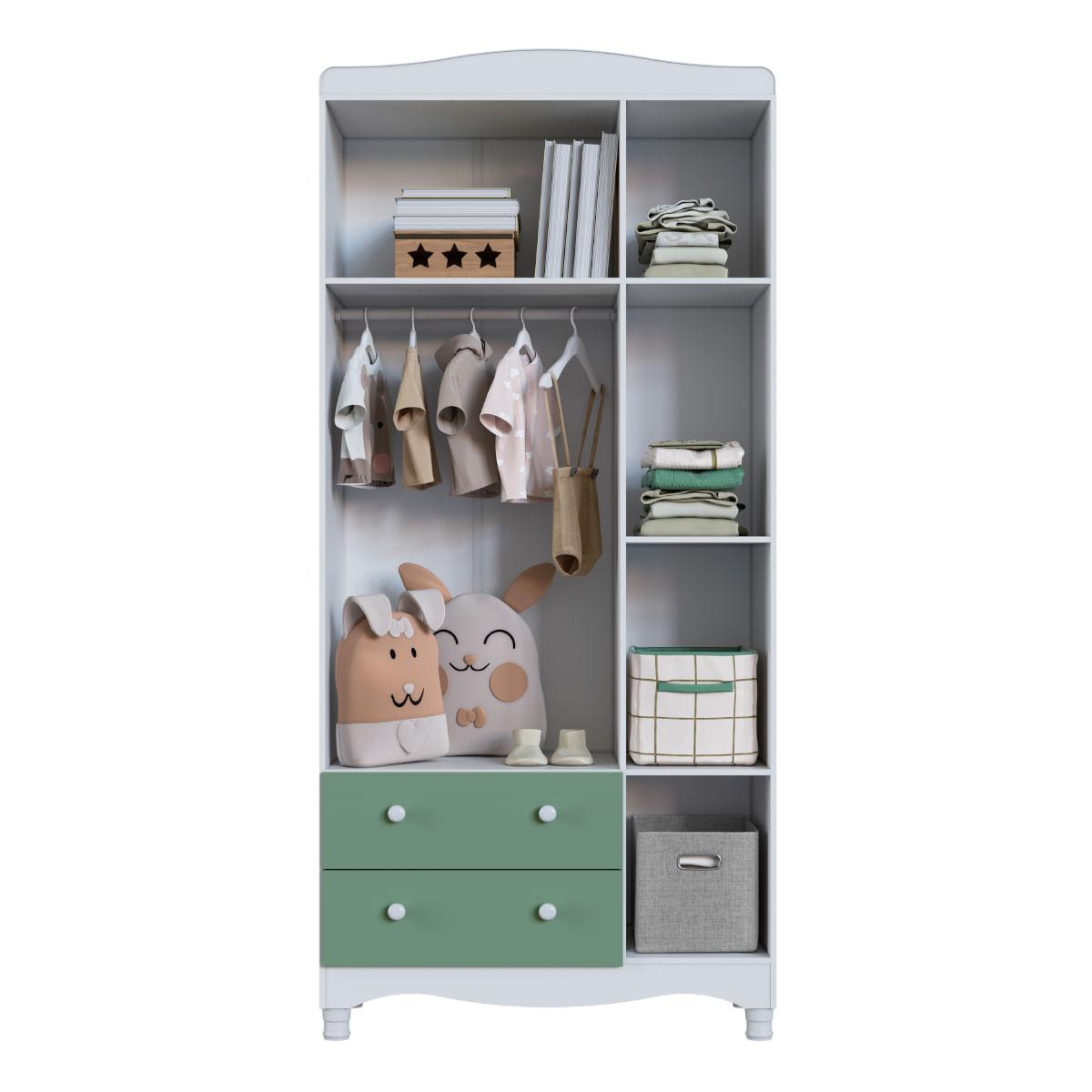 Guarda Roupas Infantil 3 Portas e 2 Gavetas 91x40x198 cm Branco e Verde Completa Móveis