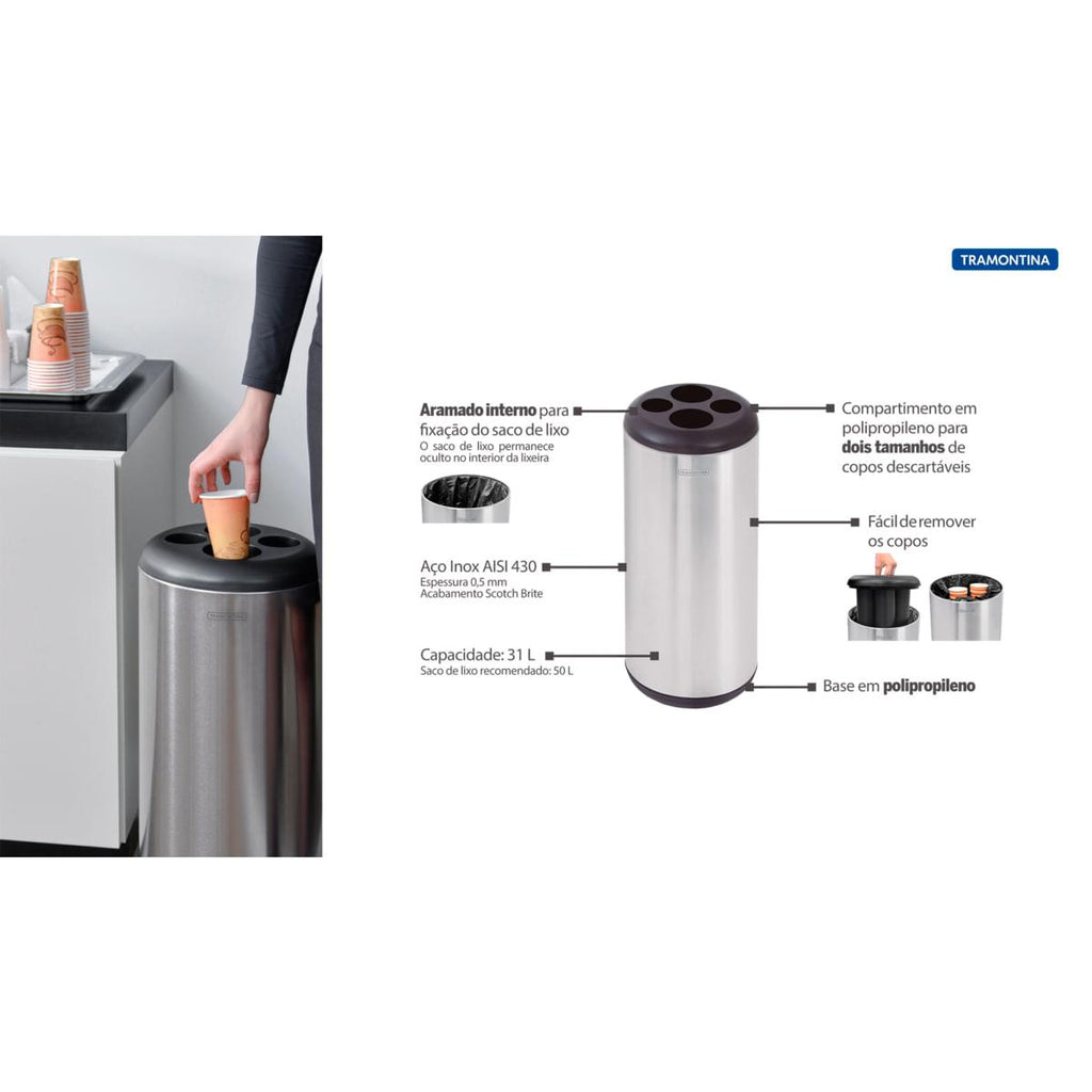 Lixeira Inox Tramontina Perugia Porta Copos Scotch Brite Base e Aro em Polipropileno 31 Litros
