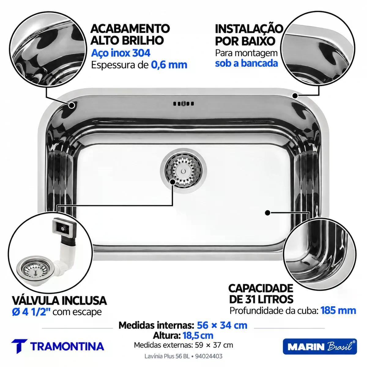 Cuba Tramontina Lavínia Plus 56 BL Inox Alto Brilho 56 x 34 cm Válvula 4 1/2 pol com Escape
