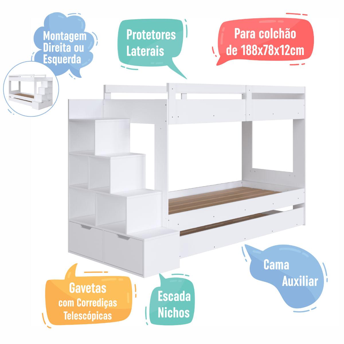 Treliche Infantil Branco Escada Lateral Nichos Gavetas e Cama Auxiliar Completa Móveis