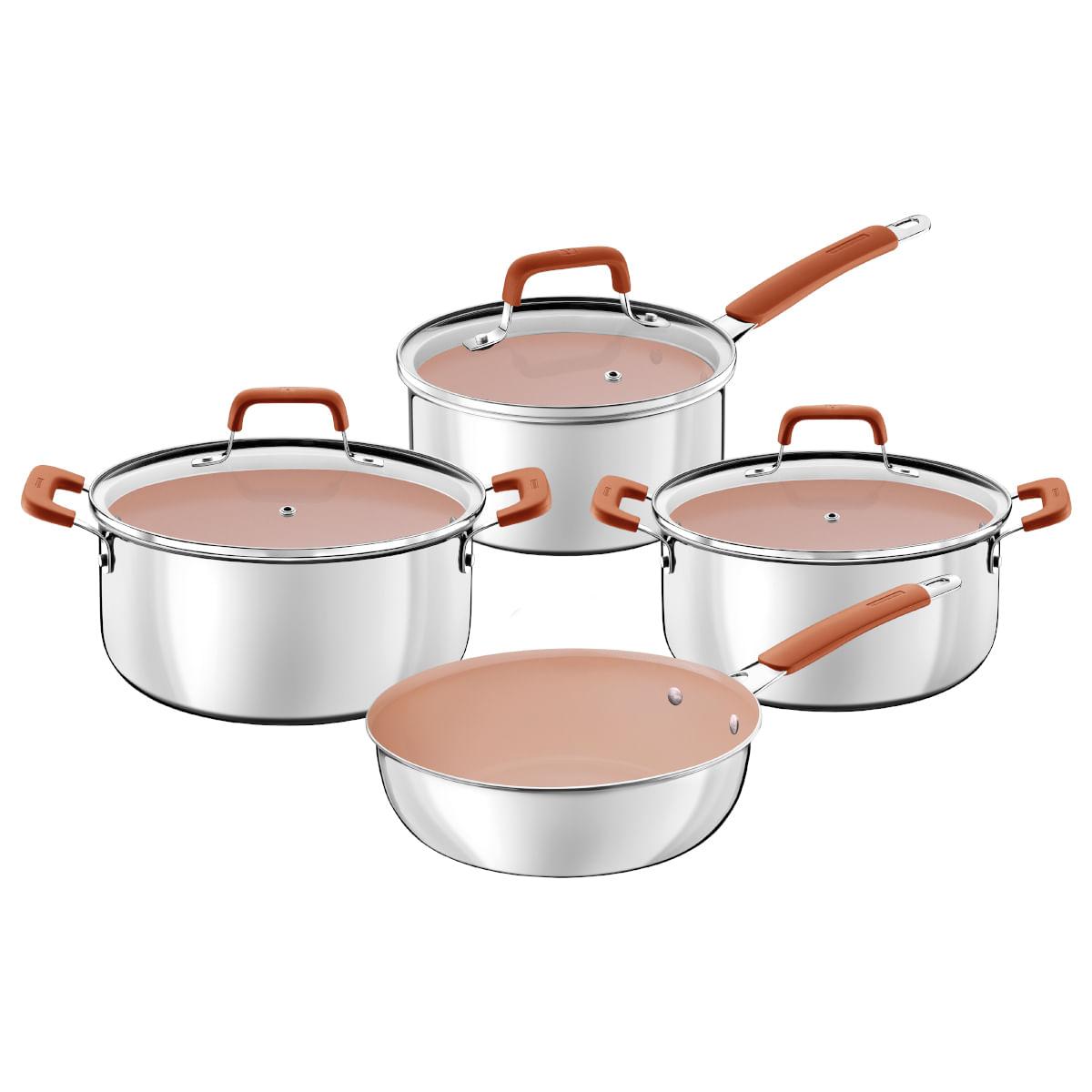 Jogo de Panelas Tramontina Romagna Aço Inox Cerâmico Black Stone 4 peças Marfim
