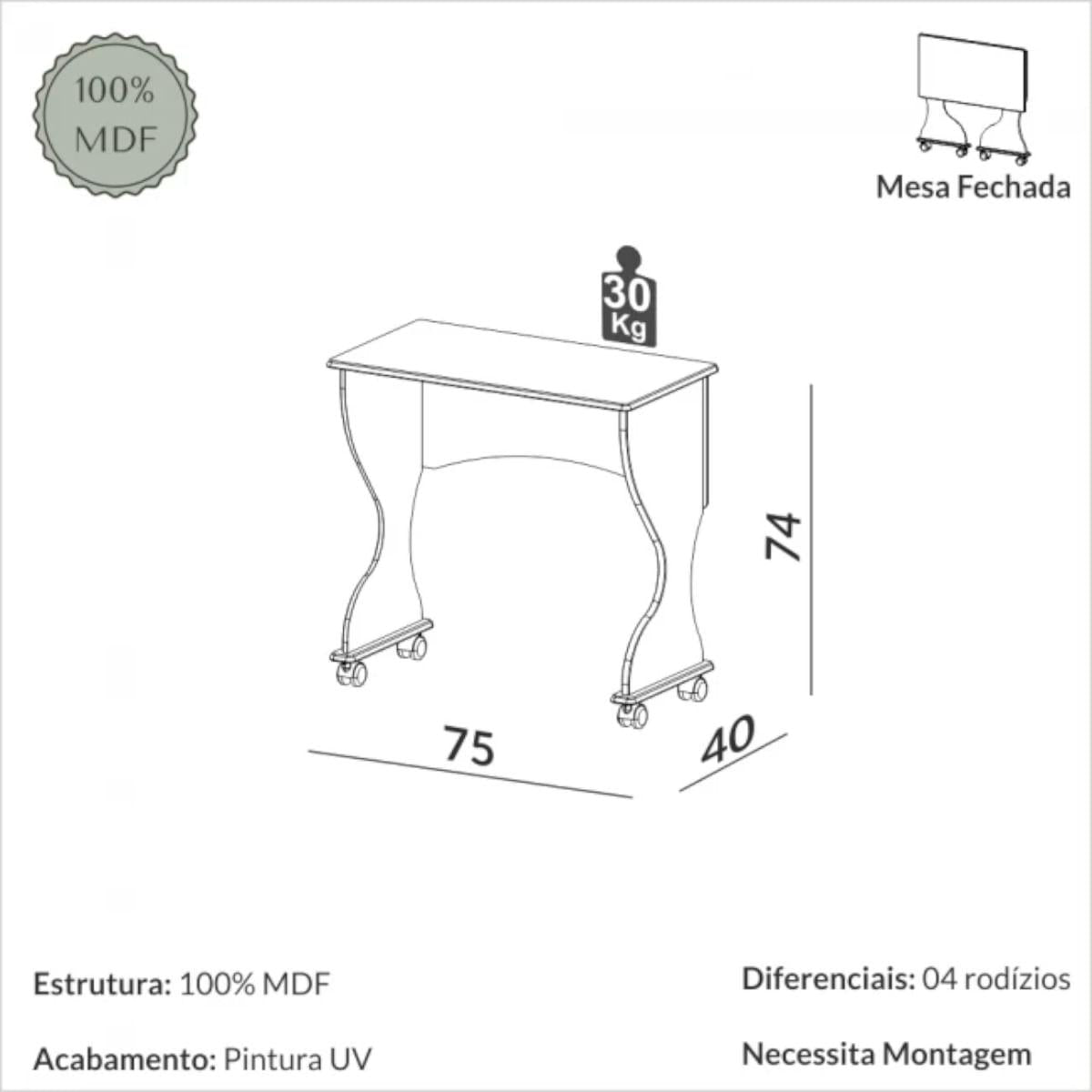 Mesa Dobrável com Rodízios em MDF Freijó 75 cm Dalla Costa