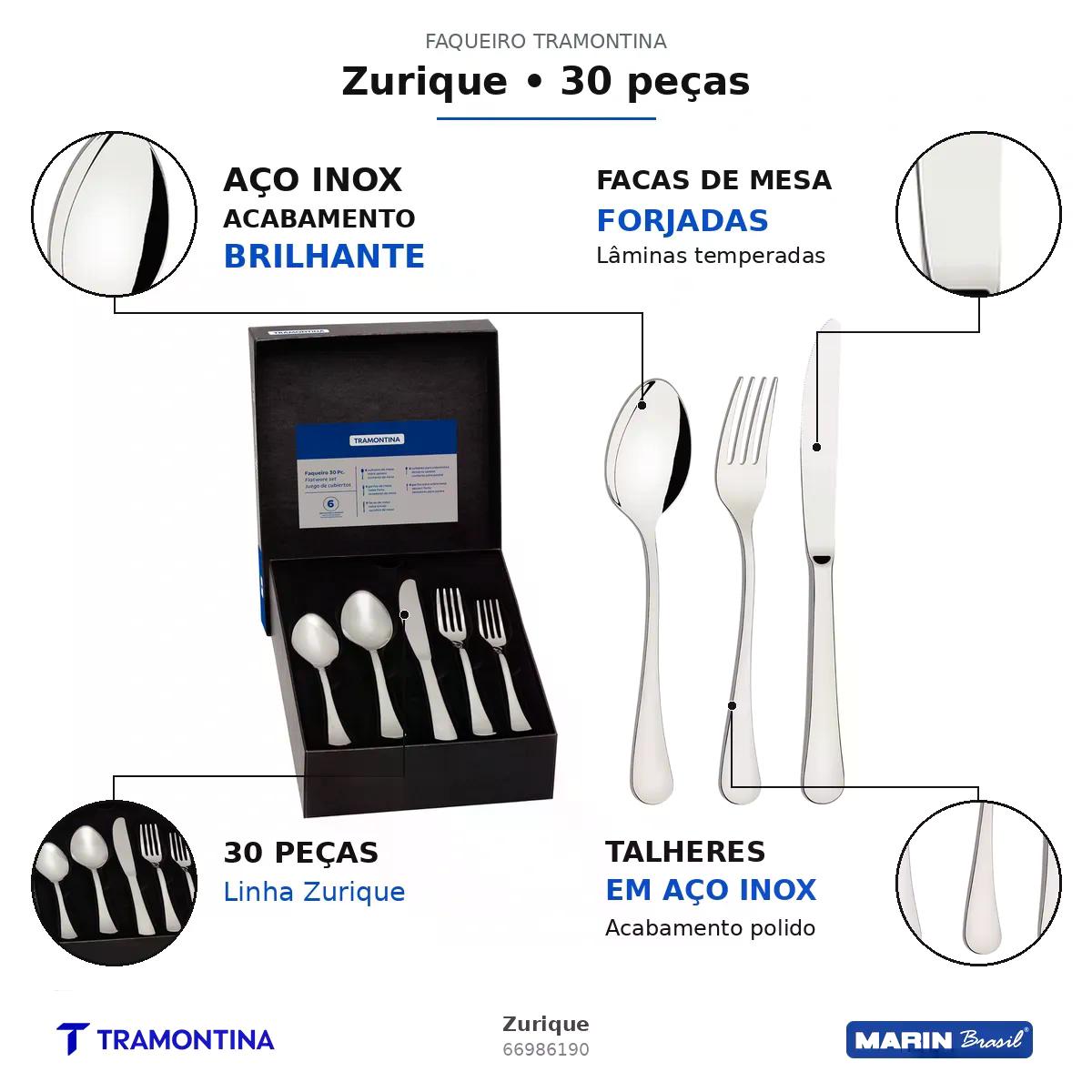 Faqueiro Tramontina Zurique Aço Inox 30 Peças com Facas de Mesa Forjadas