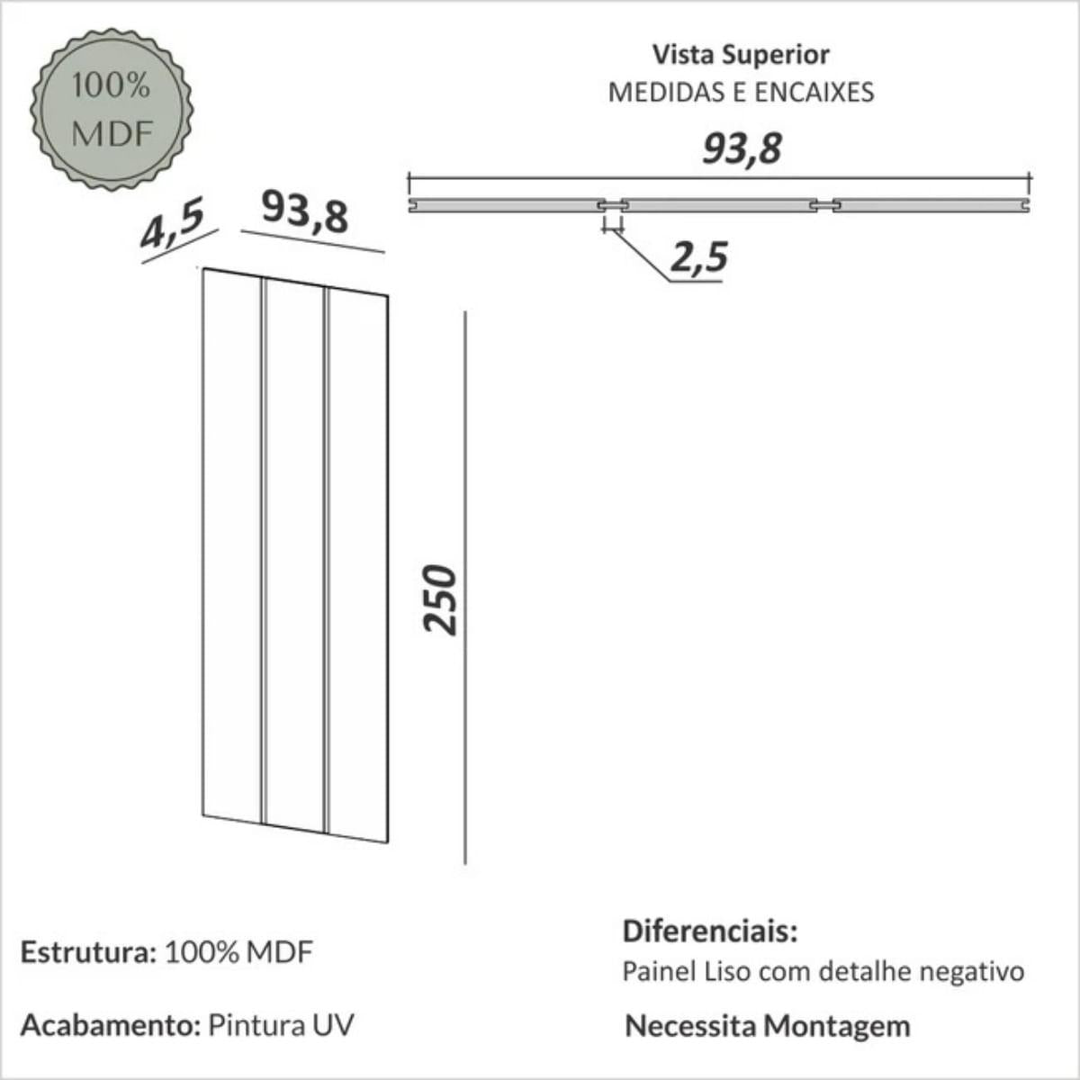 Painel Decorativo Liso 93,8cm para Parede em Mdf Freijó Dalla Costa