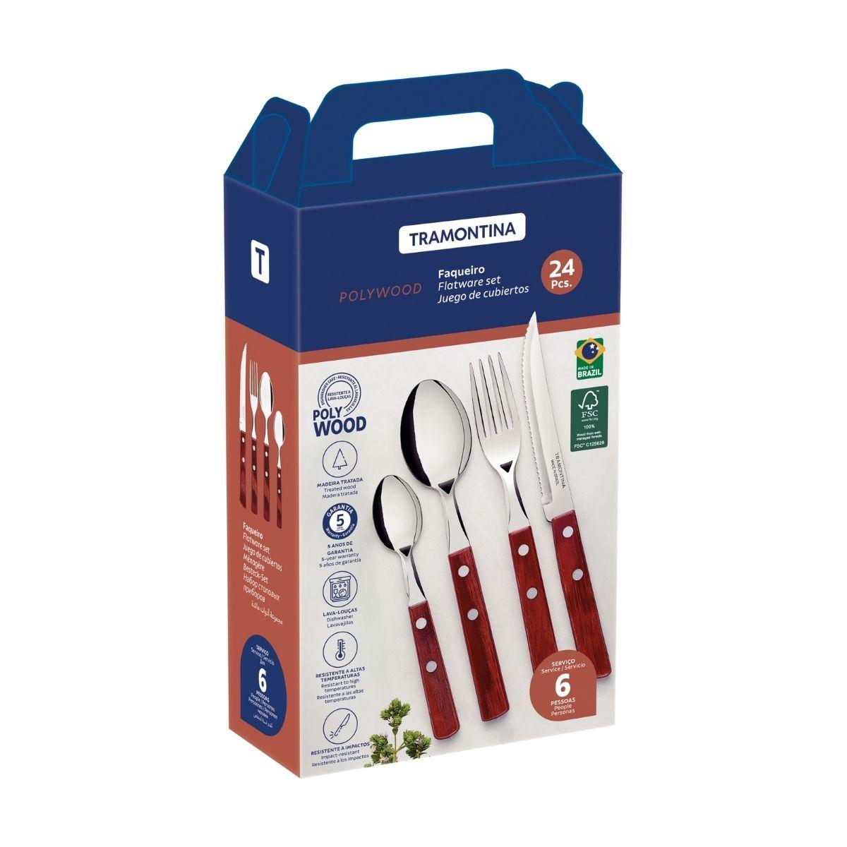 Faqueiro Tramontina Polywood Aço Inox e Madeira Vermelho 24 Peças