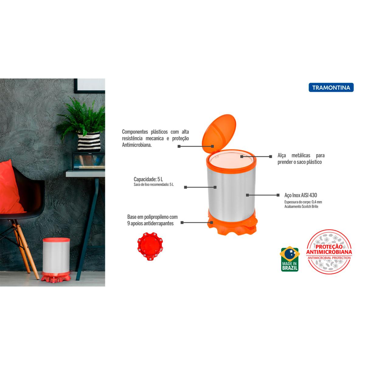 Lixeira Inox Tramontina Sofie Inox Scotch Brite e Detalhes em Plástico Translúcido Laranja com Pedal 5 L