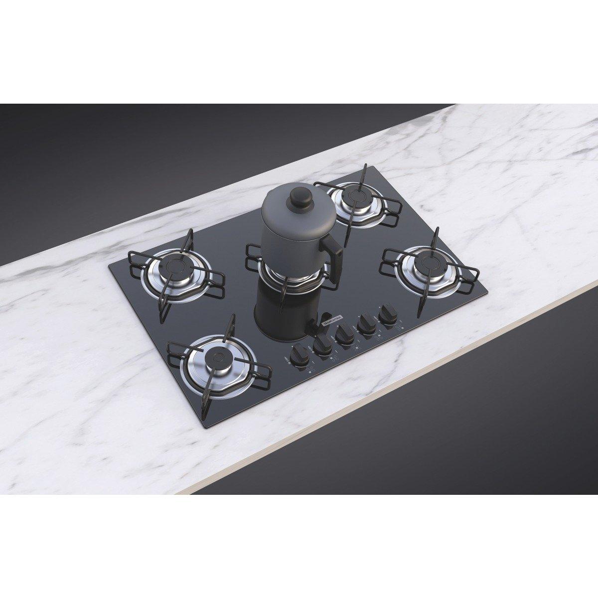Cooktop a Gás Tramontina Brasil 5 Queimadores Vidro Preto Bivolt 70 x 45 cm Tripla Chama