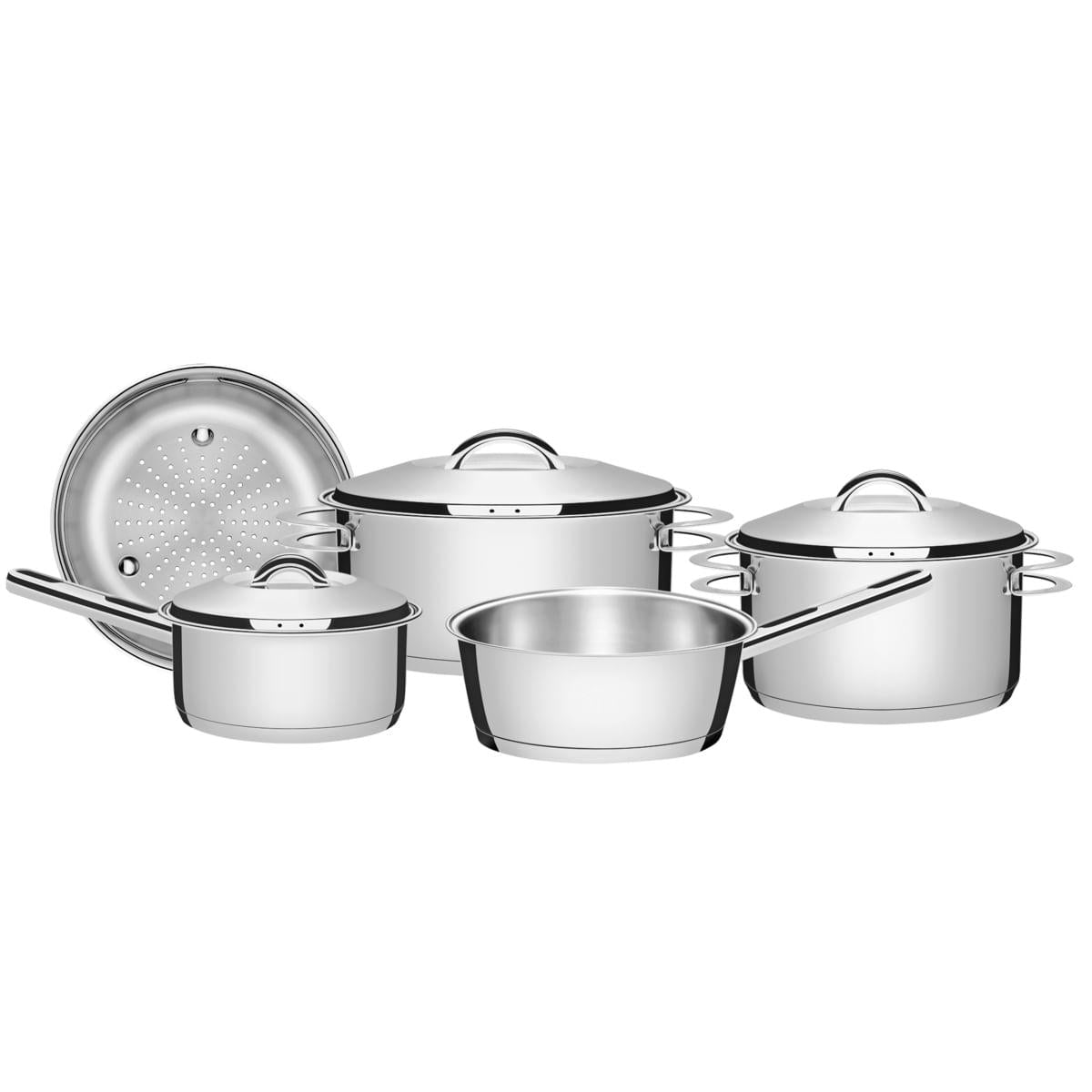 Jogo de Panelas Tramontina Solar 5 Peças em Aço Inox com Fundo Triplo e Tampas de Inox