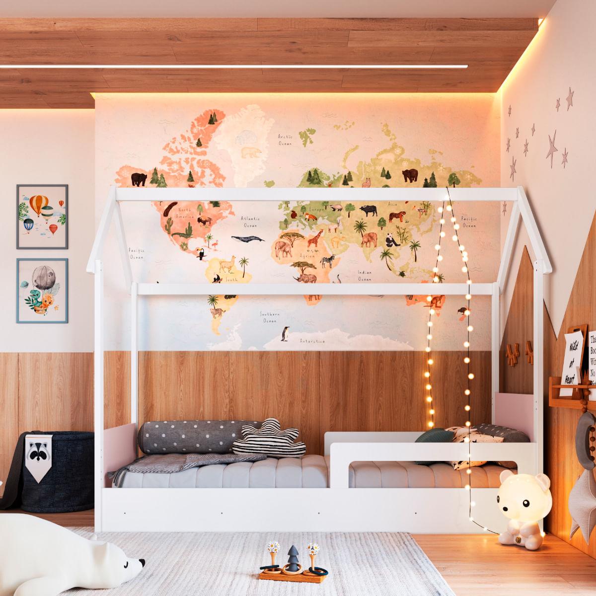 Cama Infantil Montessoriana Solteiro Branco com Rosa Completa Móveis
