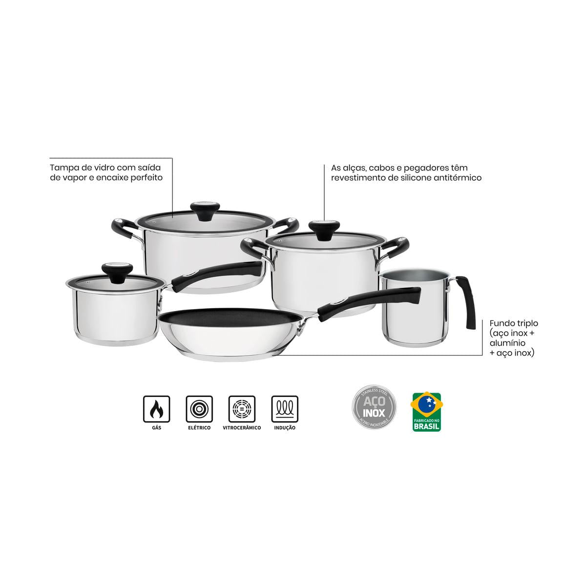 Jogo de Panelas Tramontina Solar Silicone em Aço Inox com Fundo Triplo 5 Peças