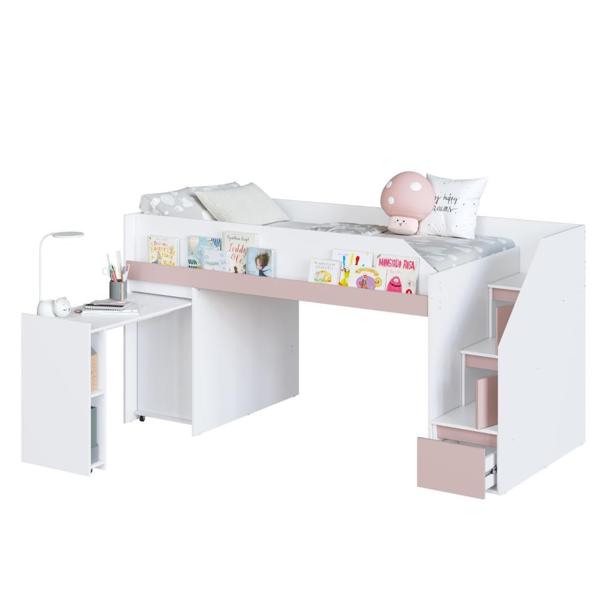 Cama Infanto Juvenil com Escrivaninha Branco e Rosa Completa Móveis