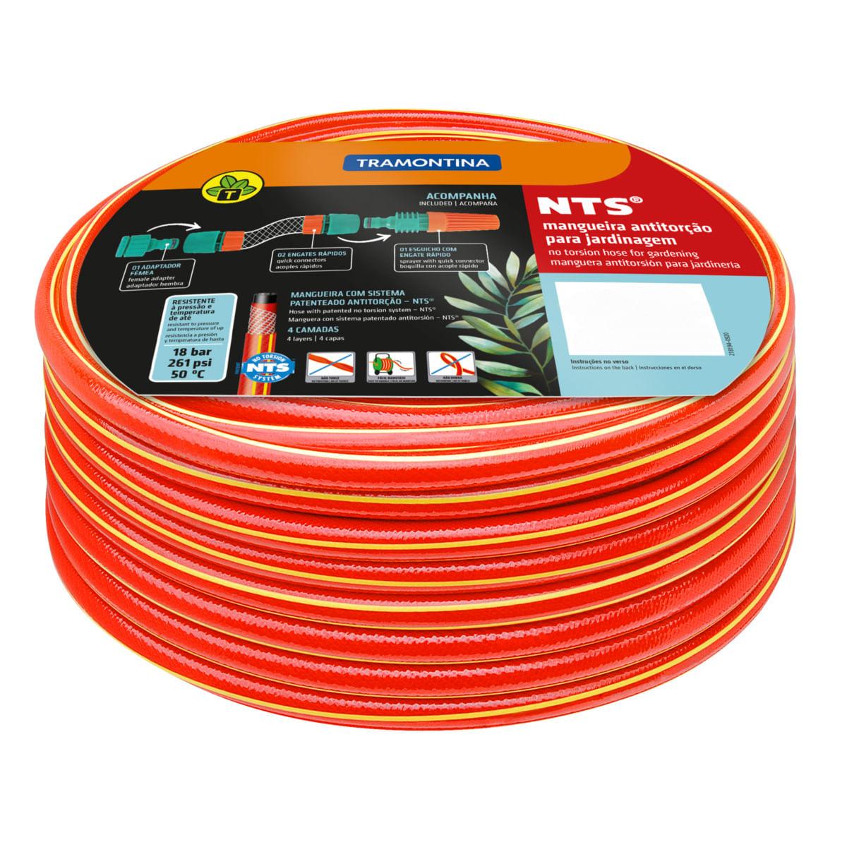 Mangueira NTS 1/2" Tramontina Antitorção Vermelha em PVC 4 Camadas 30 m com Engates Rápidos e Esguicho