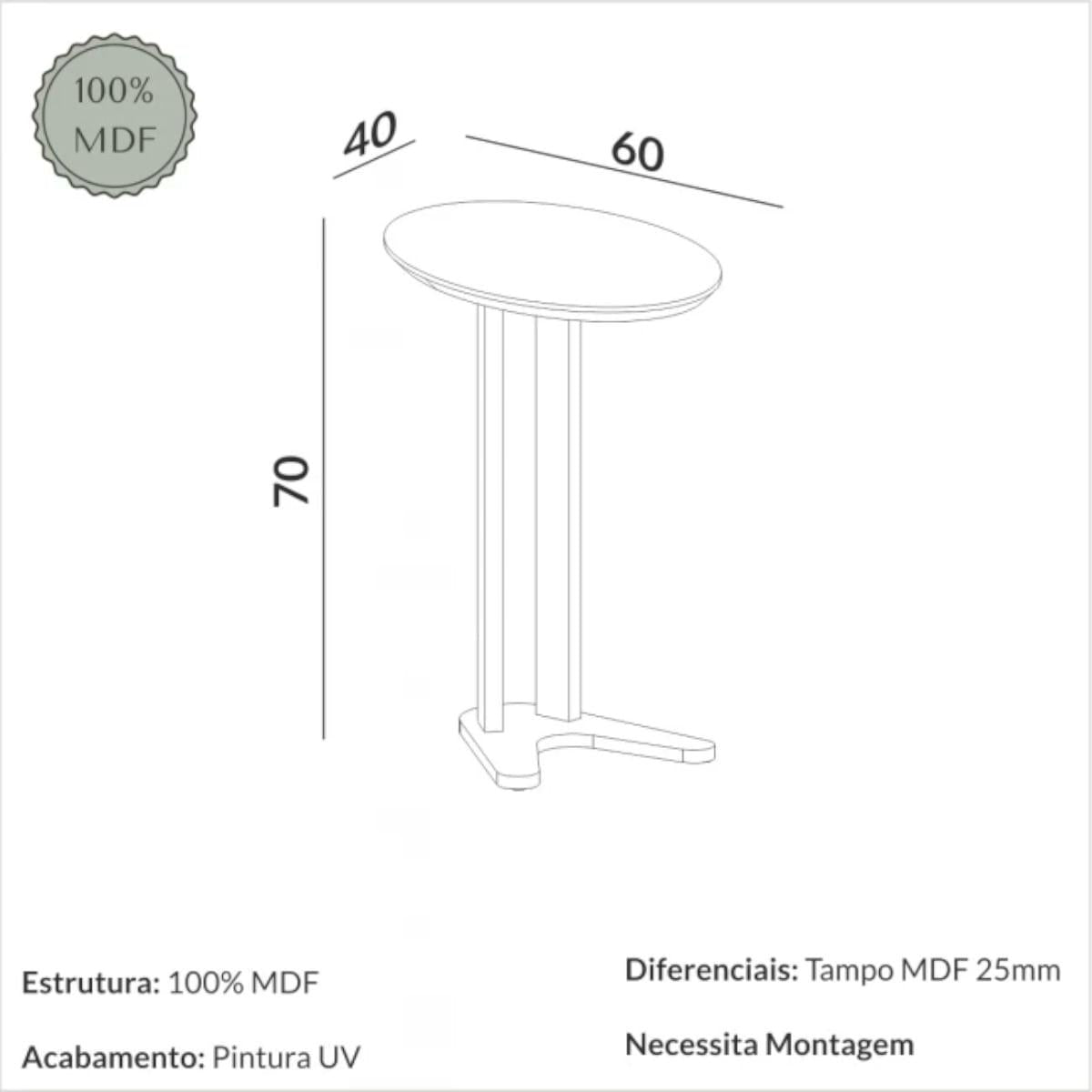 Mesa Lateral em MDF 60 cm Preto Fosco TB604PF Dalla Costa