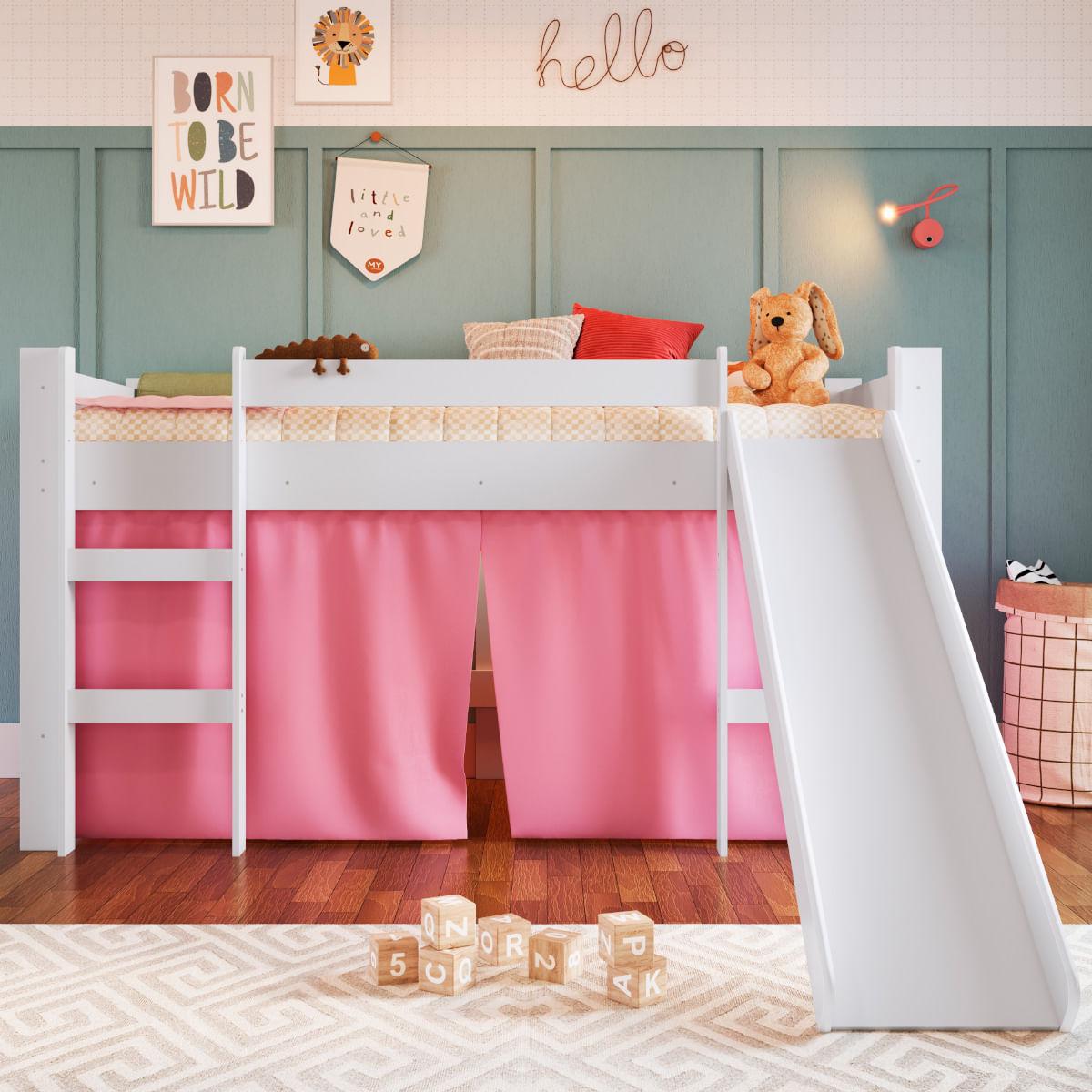 Cama Infantil Elevada com Escorregador Branco e Cortina Rosa Completa Móveis