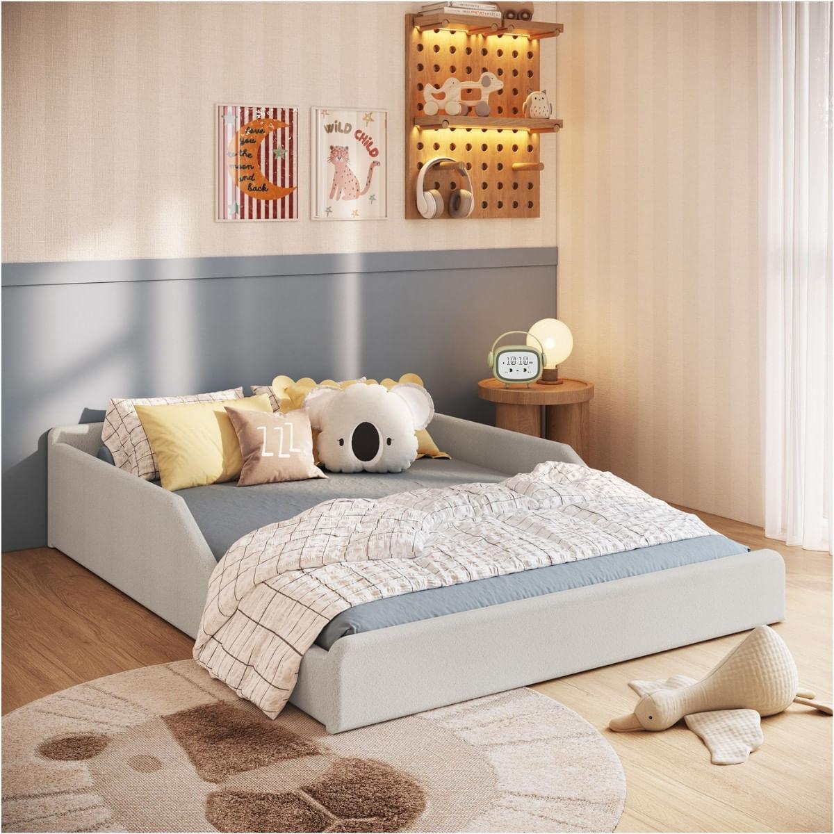 Cama Infantil Sentir Casal Estofada Bege Completa Móveis
