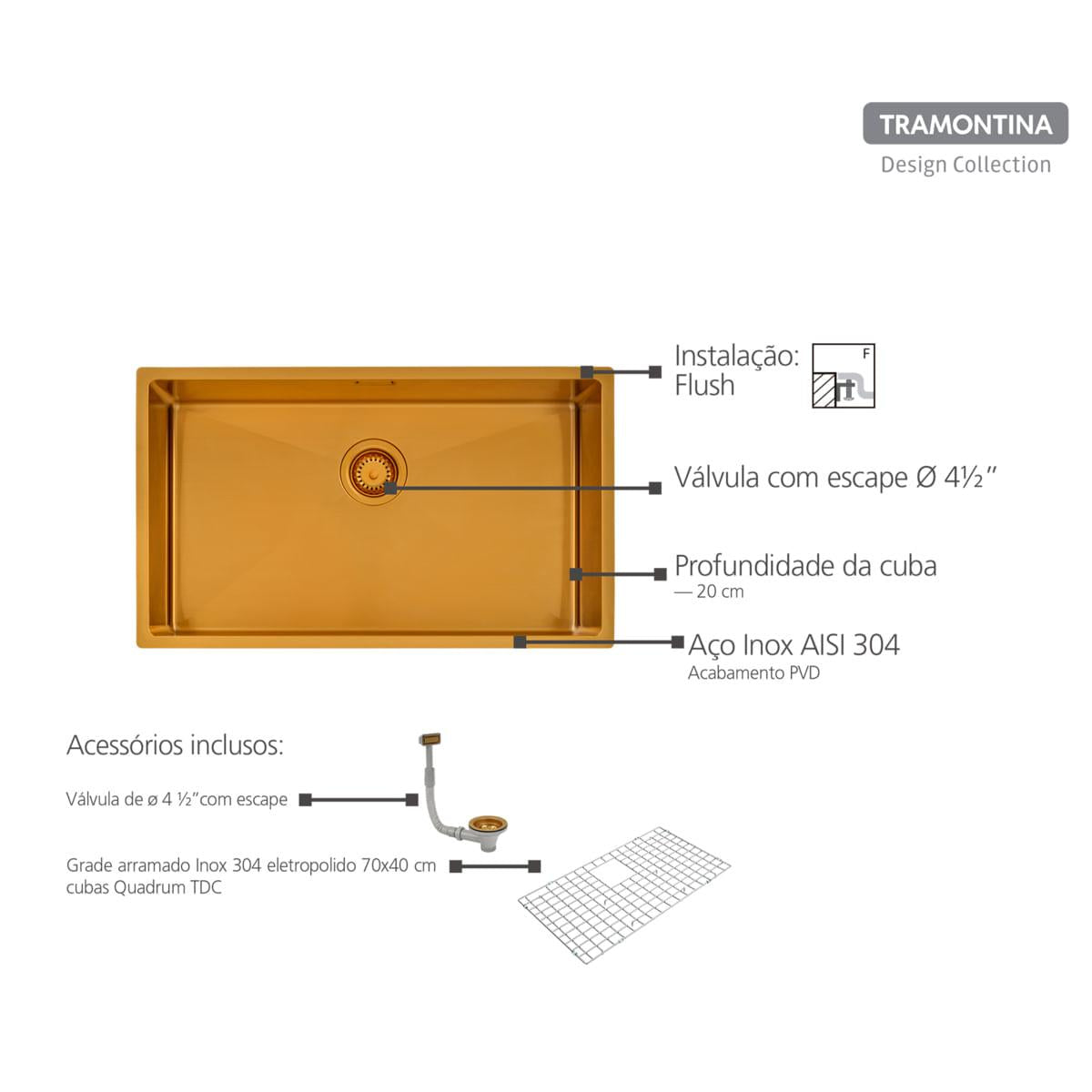 Cuba Tramontina Quadrum 70 em Aço Inox com Revestimento PVD Gold 70 x 40 cm OUTLET
