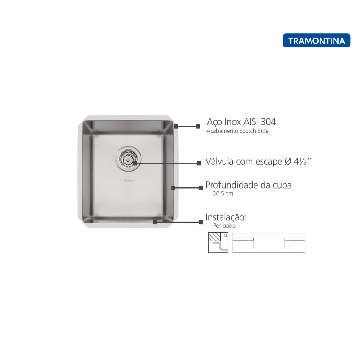 Cuba de Embutir Quadrum 34 U Undermount Tramontina 34 x 40 x 20 cm em Aço Inox Scotch Brite OUTLET