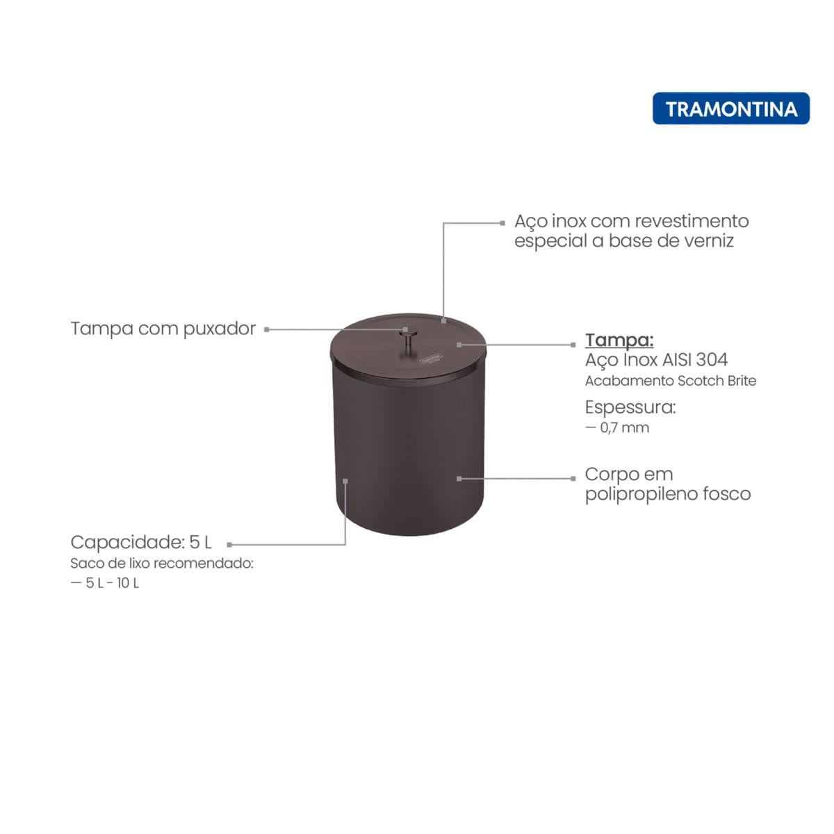 Lixeira Tramontina Útil Black Mix com Balde de Plástico 5 Litros OUTLET