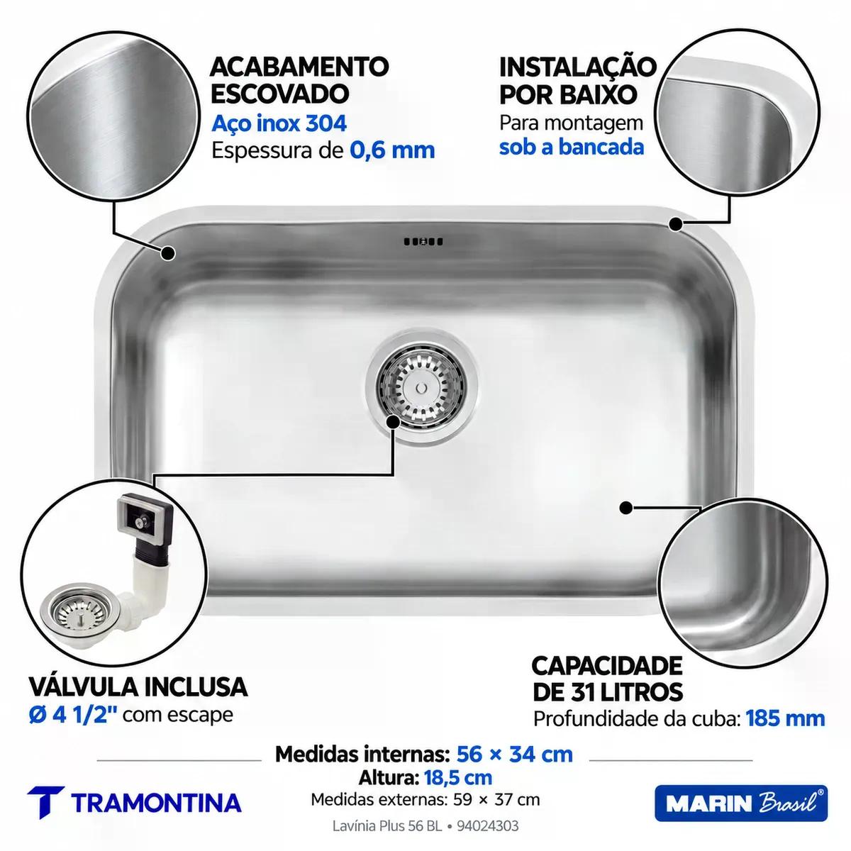 Cuba Tramontina Lavínia Plus 56 BL Inox Escovado 56 x 34 cm Válvula 4 1/2 pol com Escape