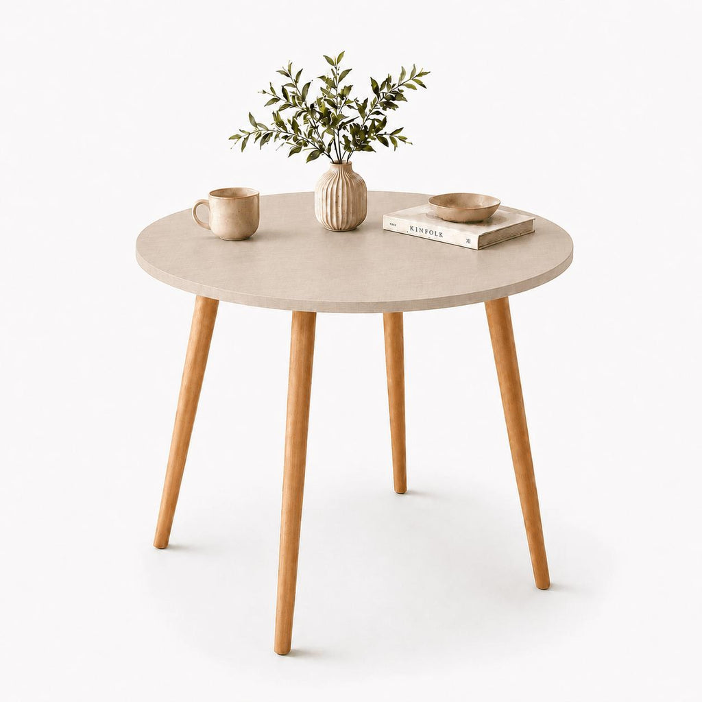 Mesa Jantar Sofia Redonda 80cm Linho Fendi 18mm Pés de Madeira Natural Marin