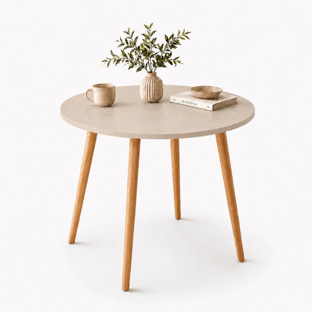 Mesa Jantar Sofia Redonda 80cm Linho Fendi 18mm Pés de Madeira Natural Marin