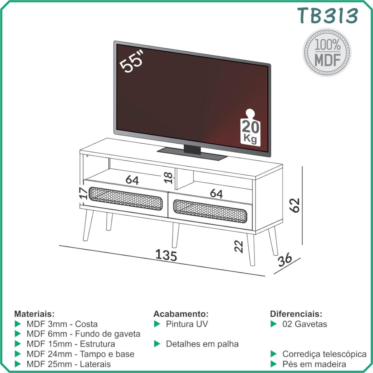 Rack Tela para TV em MDF 135 cm com 2 Gavetas Freijó Dalla Costa