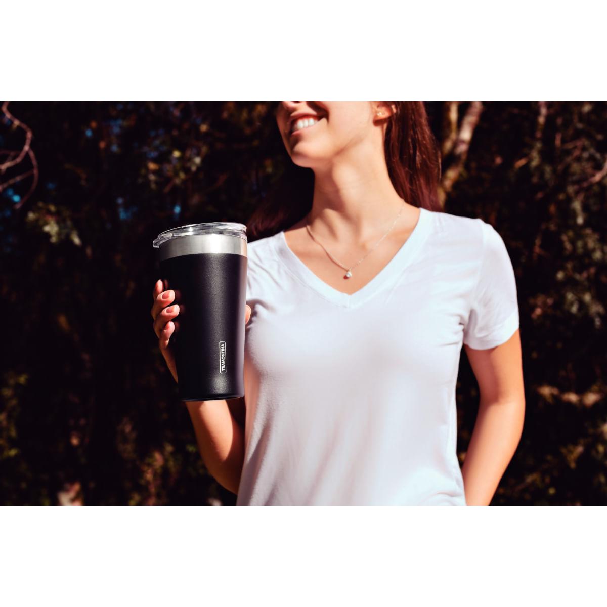 Copo Térmico Tramontina Exata em Aço Inox Preto com Tampa 550 ml