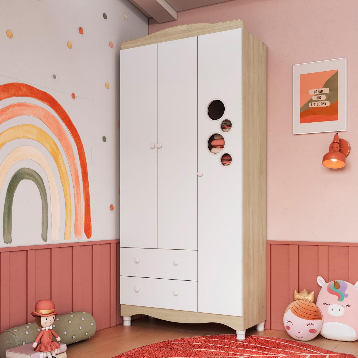 Guarda Roupas Infantil 3 Portas e 2 Gavetas 91x40x198 cm Branco e Carvalho Completa Móveis