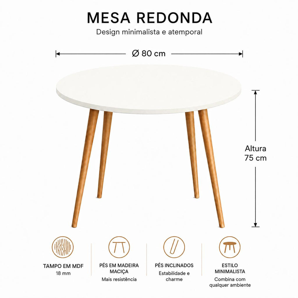 Mesa Jantar Sofia Redonda 80cm Branco Plus 18mm Pés de Madeira Natural Marin