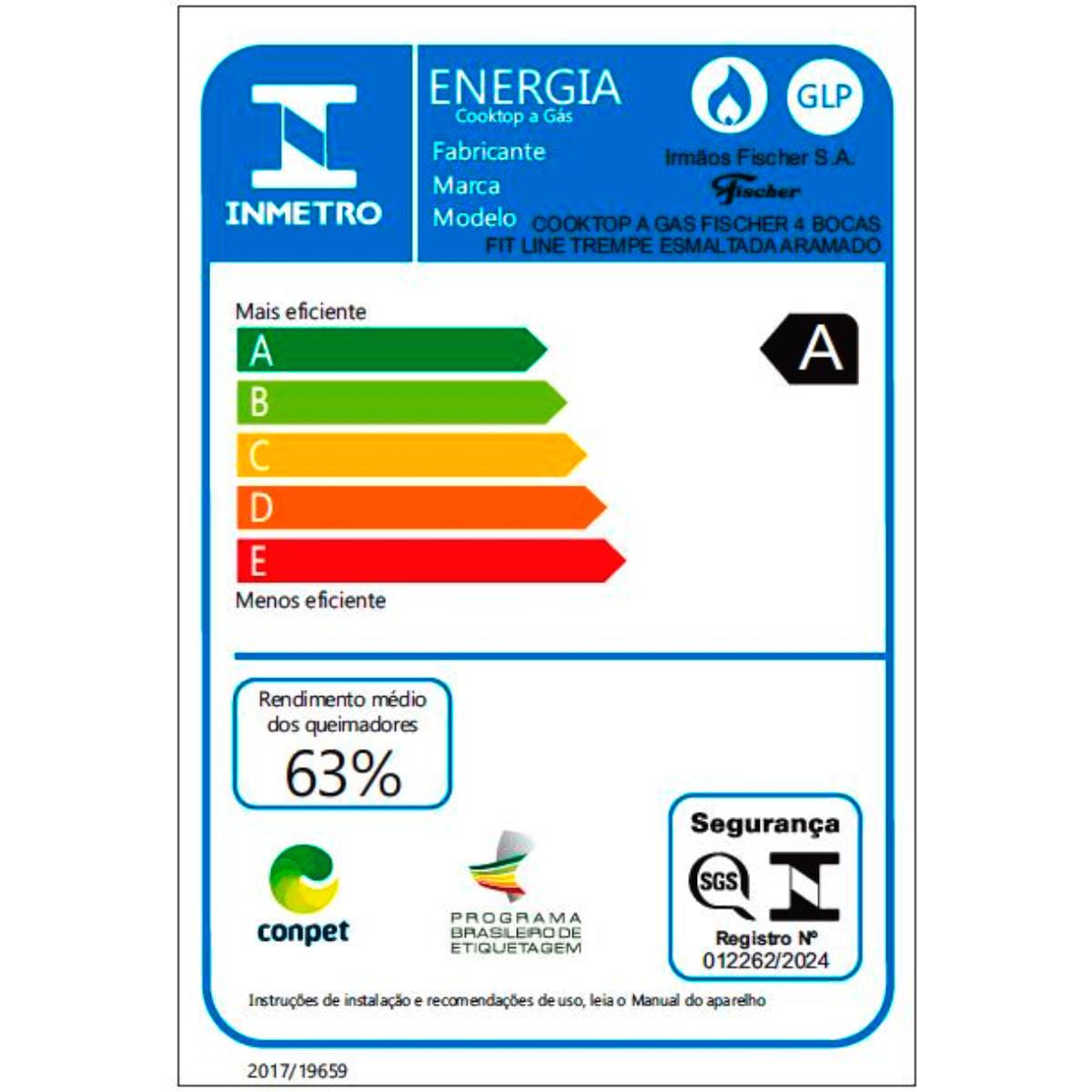 Cooktop a Gás Fischer 4 Bocas Fit Line Vidro Preto