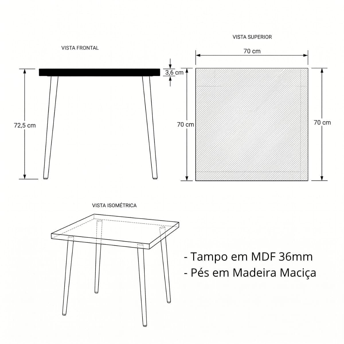 Mesa Jantar Quadrada Safira 70cm MDF Camurça Pés Pretos