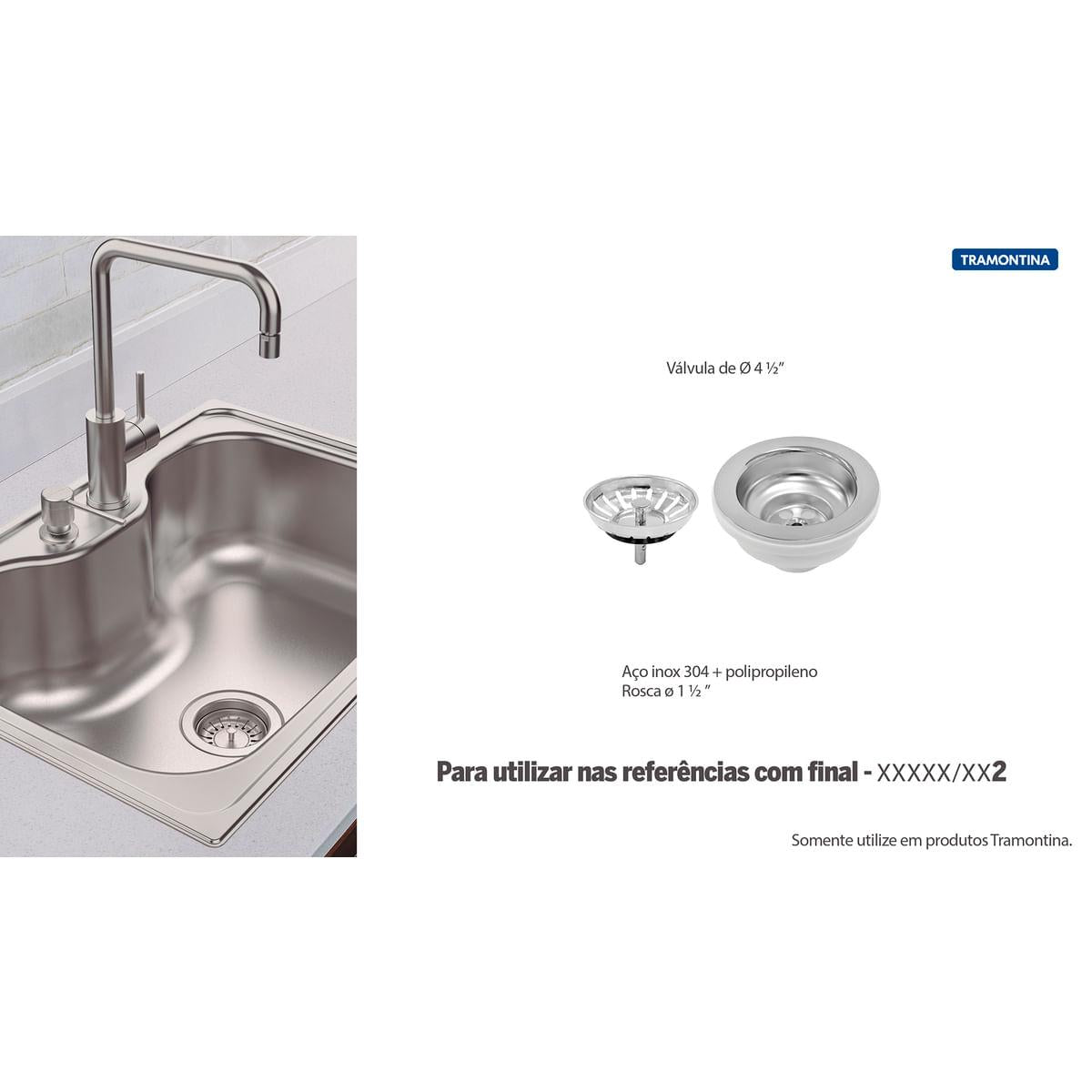 Válvula Tramontina Luxo para Pias e Cubas 4 1/2" sem Escape em Aço Inox e Polipropileno