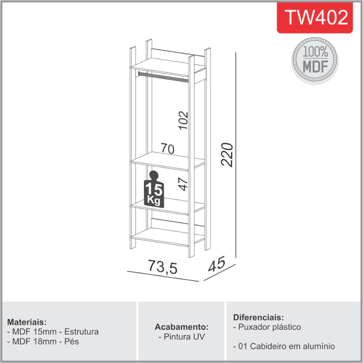 Closet em MDF freijó/vanila 73 x 220 cm 4 prateleiras 1 cabideiro tw402 Dalla Costa