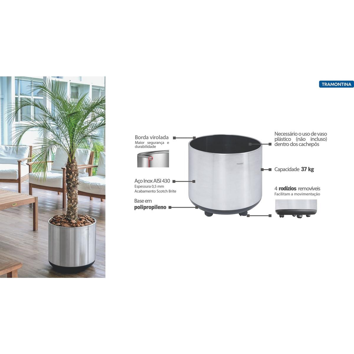 Cachepô Tramontina Belt Color 40 x 40 cm em Aço Inox com Acabamento Scotch Brite e Rodízio