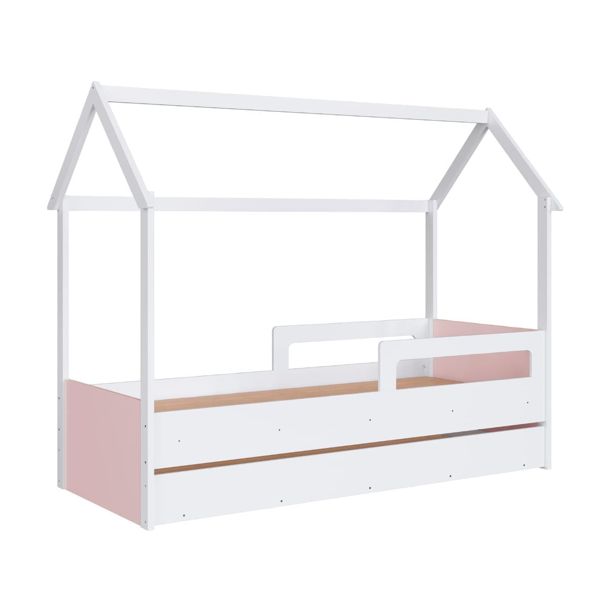 Cama Infantil Montessoriana com Cama Auxiliar Branco com Rosa Completa Móveis