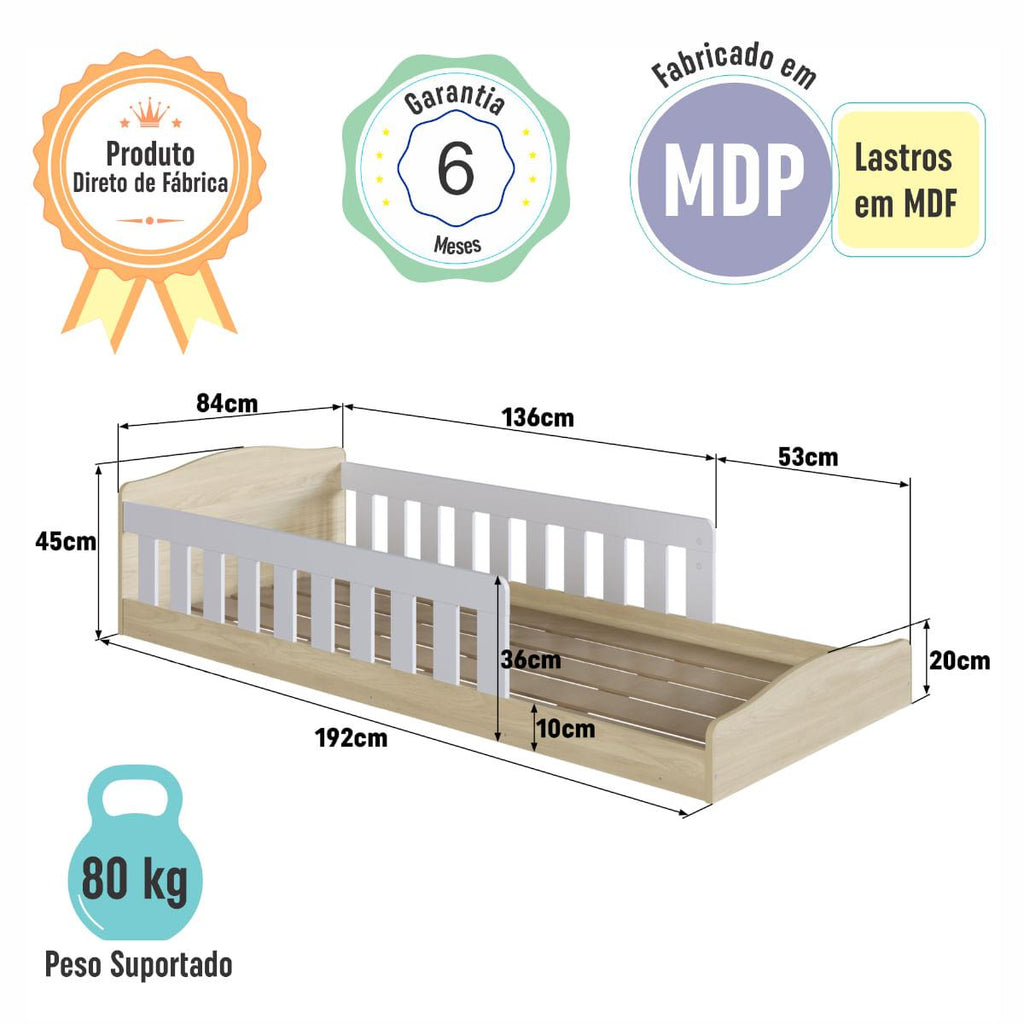 Cama de Chão Montessoriana Solteiro Encanto Carvalho com Branco Completa Móveis