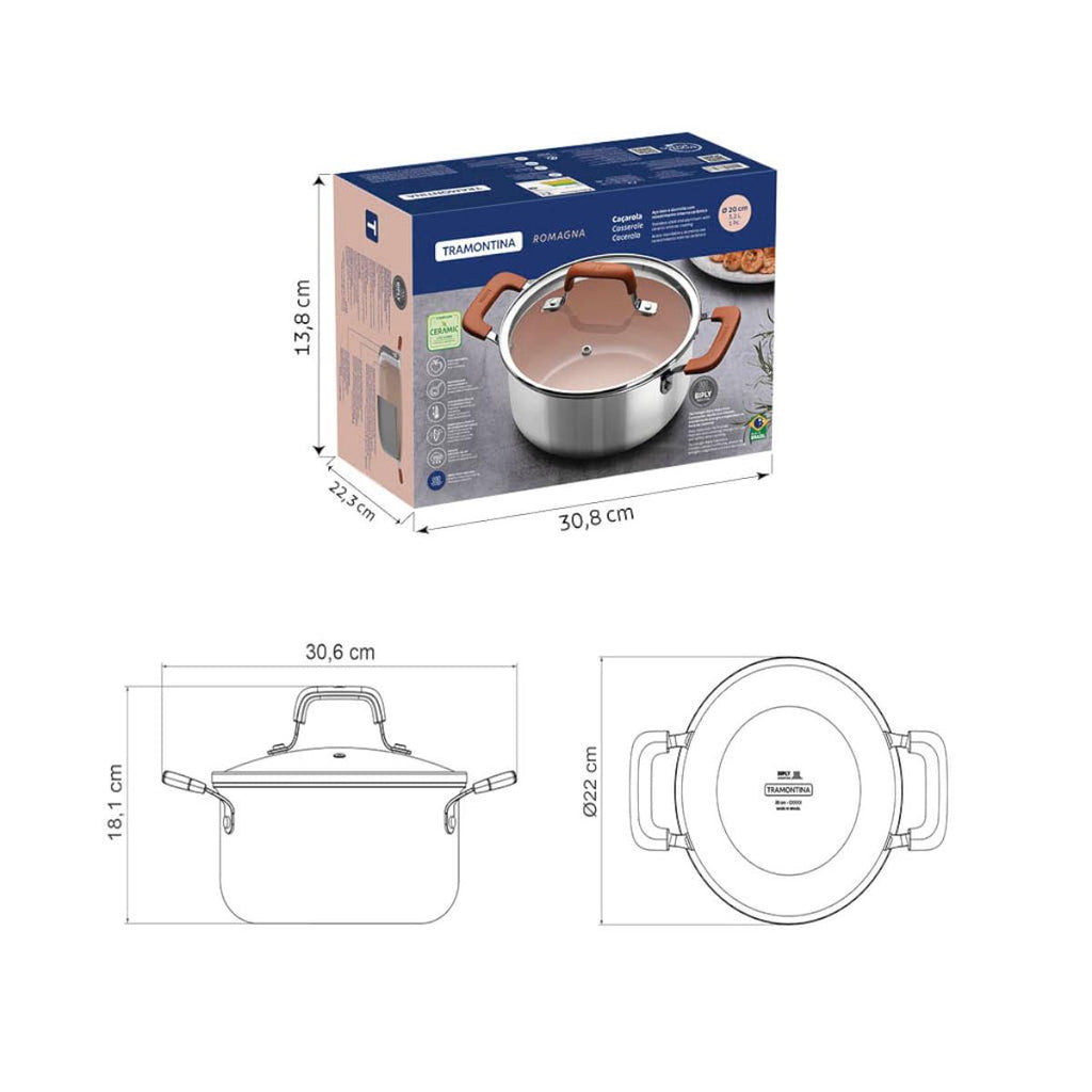 Caçarola Tramontina Romagna Aço Inox Cerâmico Marfim 20 cm 3,2 L