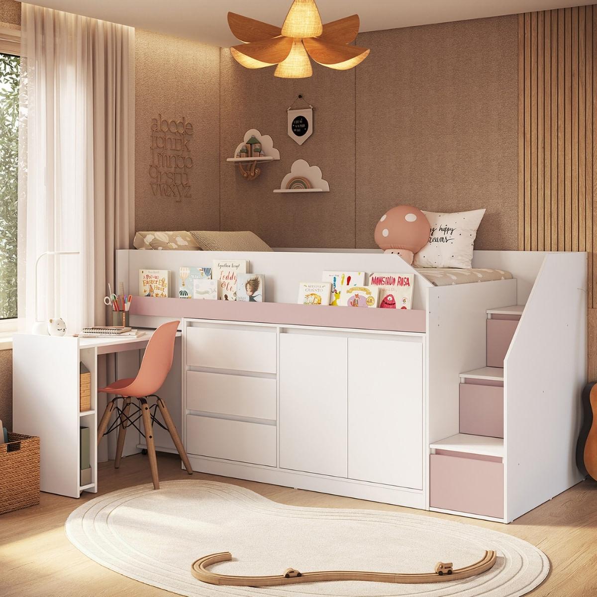 Cama Infanto Juvenil com Escrivaninha e Balcão Branco e Rosa Completa Móveis