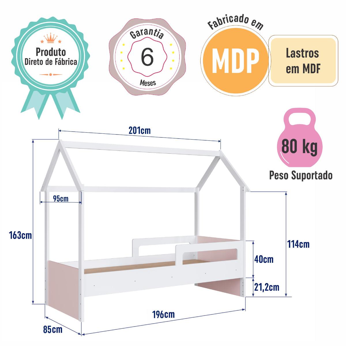 Cama Infantil Montessoriana Solteiro Branco com Rosa Completa Móveis
